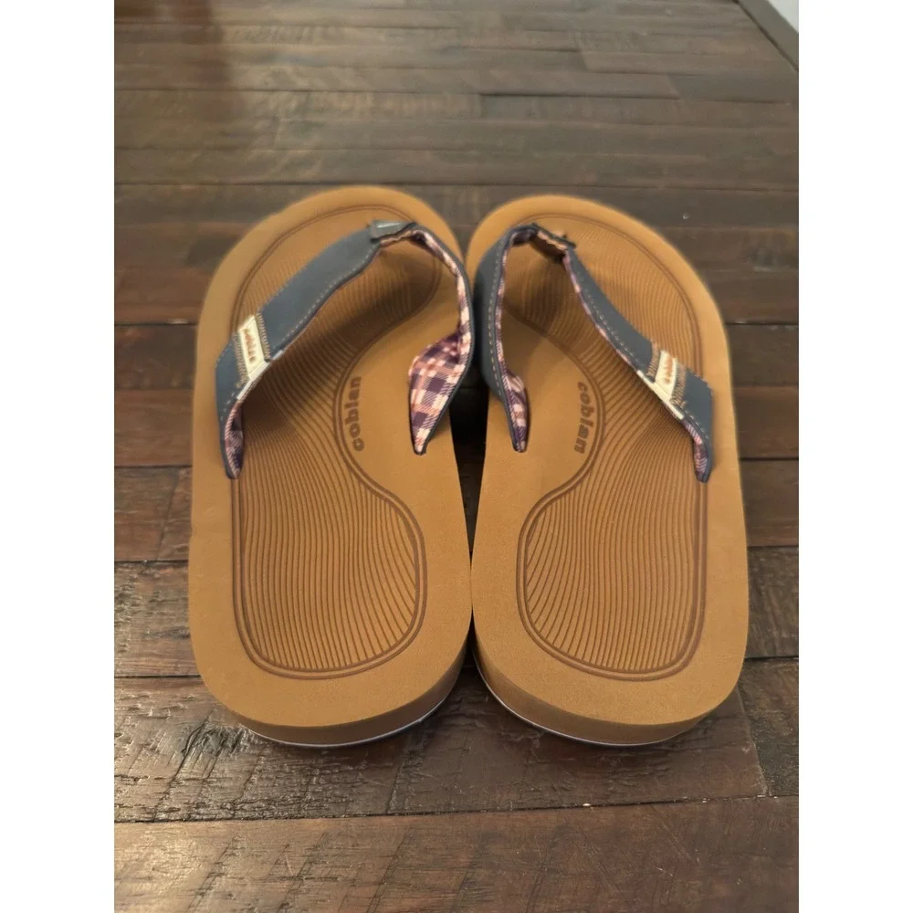 Cobian Mens Flip Flop Sandals Brown Blue Plaid Lining Size 12 Beach Casual